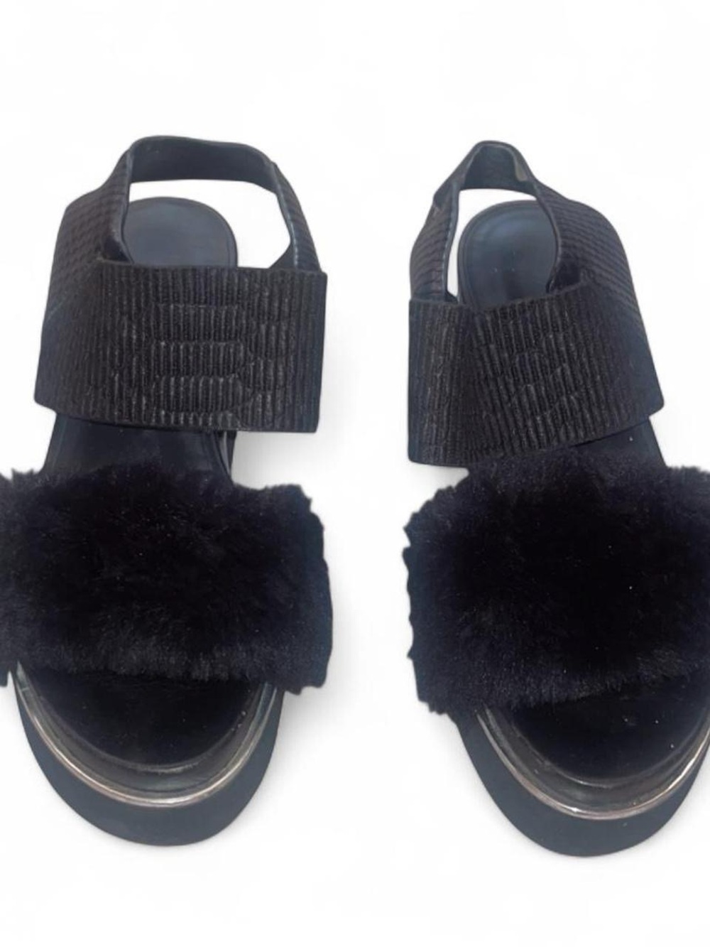 Black Faux-Fur Slingback Sandals with Elastic Strap